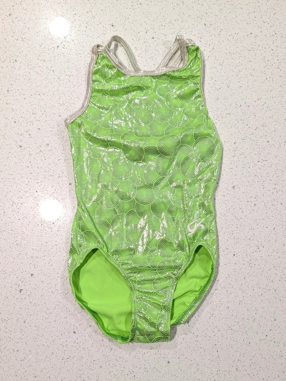CUTE GK ELITE Large Gymnastics dance leotard Mystique Silver NEON GREEN Strappy